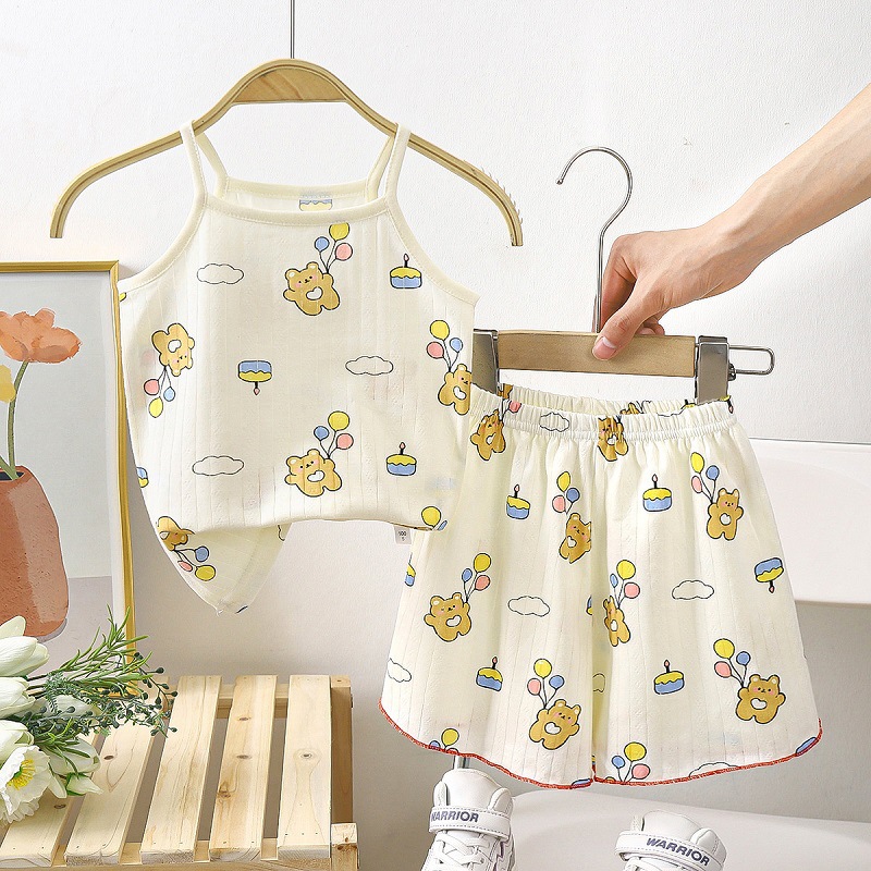 Children's Suspenders Skirt Suit Summer Girl's All Cotton Pajamas Home Clothes Sweat Absorbing Vest Skirt Baby Air-conditioning Suit