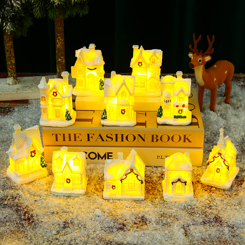 Amazon new Christmas decoration white luminous resin small house Micro landscape small ornaments Christmas gift