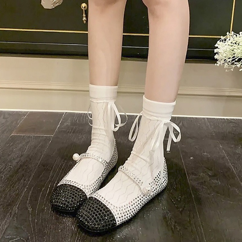 Ballet Style White Mary Jane Socks Women's Spring and Summer Sweet Bow Ribbon Mid-tube Socks Breathable All-match Japanese JK