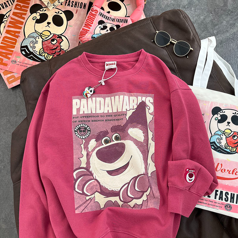 Cross-border autumn and winter New cute cartoon strawberry bear printed long-sleeved top Japanese loose lazy round neck sweater for women