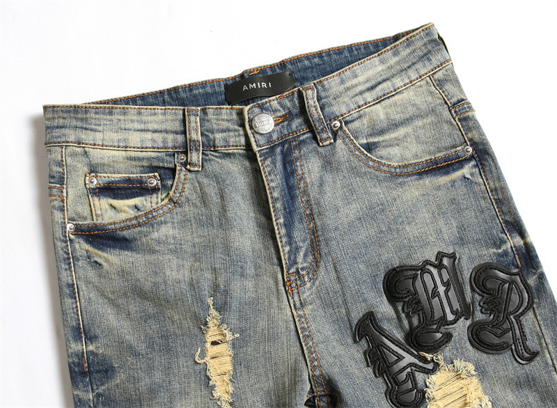 AMI European Men's Jeans Ripped Patch Trendy Stretch Slim-Fit Skinny Pants All-Match Men's Pants 3096