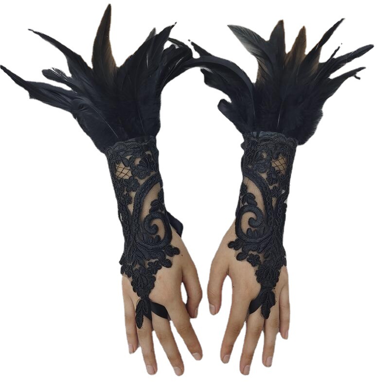 Amazon Halloween Feather Hook Finger Gloves Party Prom Black Lace Accessories Footlink Footlink Cross Border