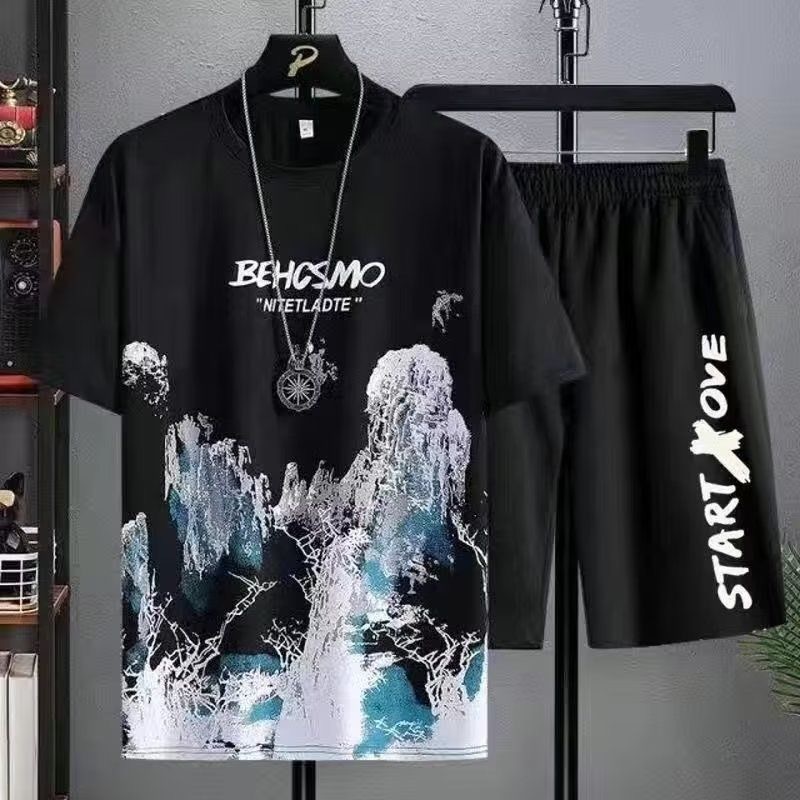 Summer Men's Fashion New Fashionable Brand Ice Silk Suit ins Casual Summer All-match Teenagers Men's Loose T-shirt