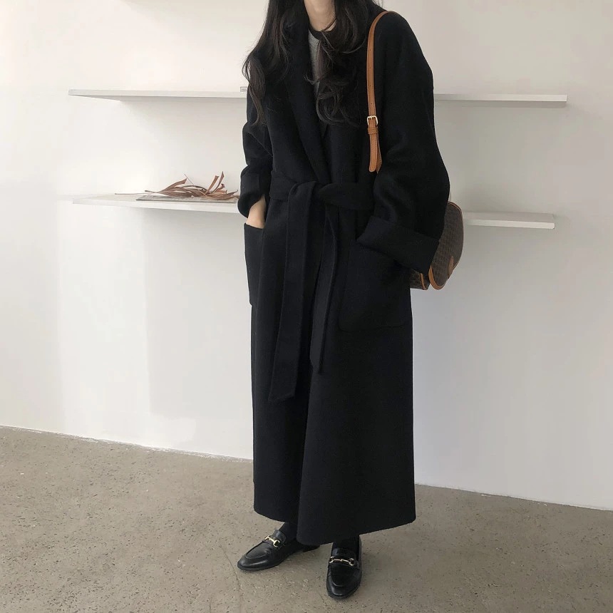 South Korea Dongdaemun 2023 autumn and winter New lace-up cashmere coat Women's Mid-length loose over-the-knee woolen coat_voghion.com