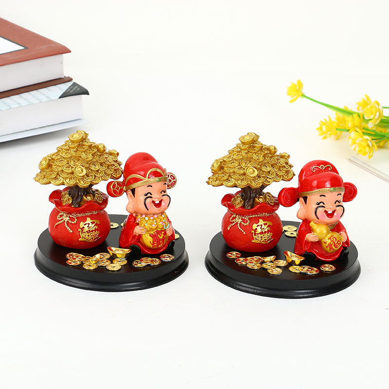 Resin God of Wealth Desktop Decorative Small Ornaments Creative Home Q Version God of Wealth Copper Money Fortune Tree Car Ornaments