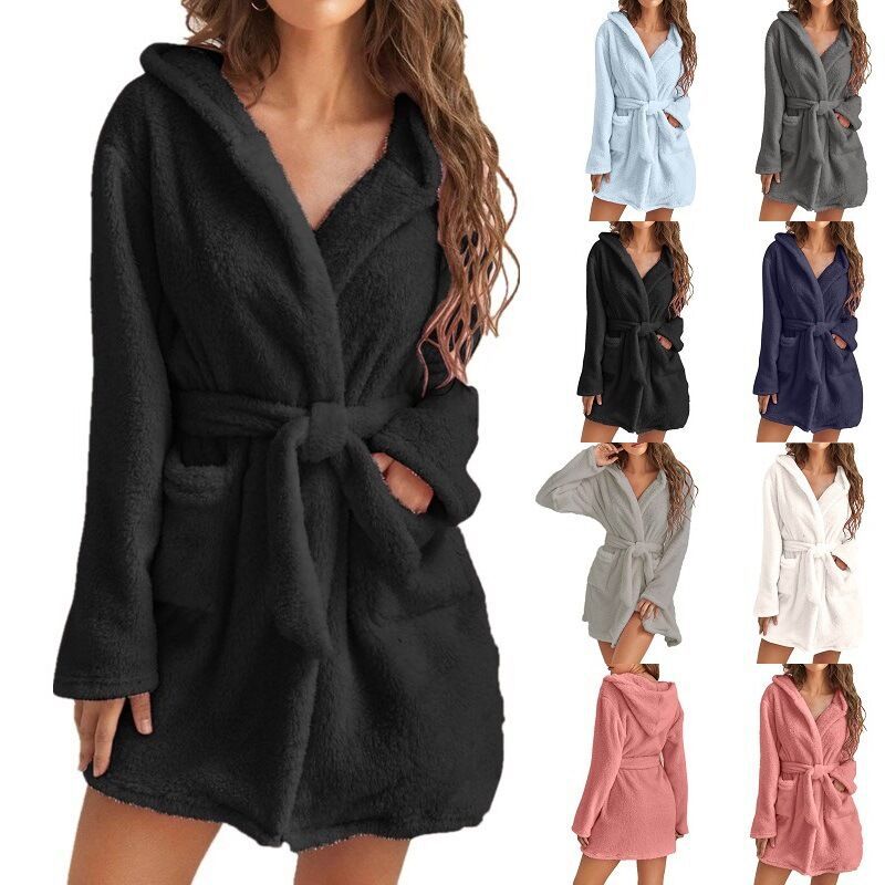 Cross-border Amazon popular European and American women's clothing autumn and winter warm plush lace-up cardigan hooded pocket mid-length coat