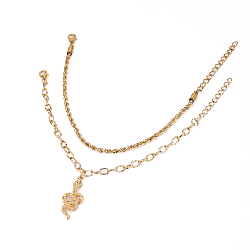 Cross-border Hot Selling Foot Chain Fashion Gold Plated Twist Snake Pendant Cross Chain Double Layer Foot Chain Women Wholesale