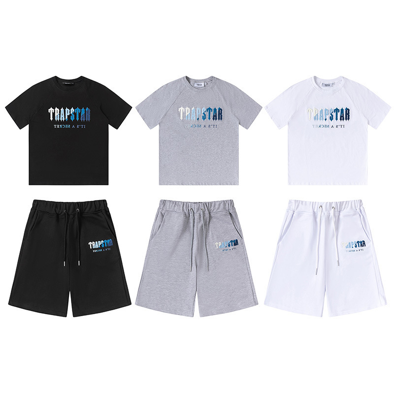 2023 cross-border Amazon new white blue gradient short sleeve shorts suit sports casual men's and women's