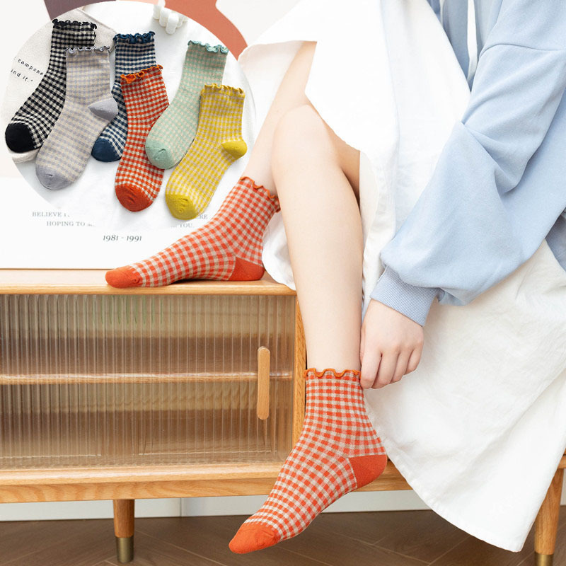 Socks Women's Medium Japanese Style Vintage Square Plaid Wood Ear Women's Cotton Socks Lace Mori Style Cute College Style