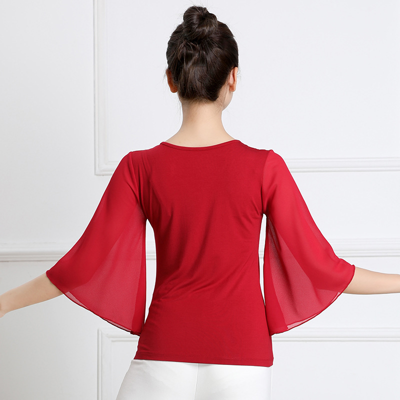 New Modal Dance Suit Chiffon Horn Gauze Sleeve Square Dance Dance Top V-Neck Team Performance Suit
