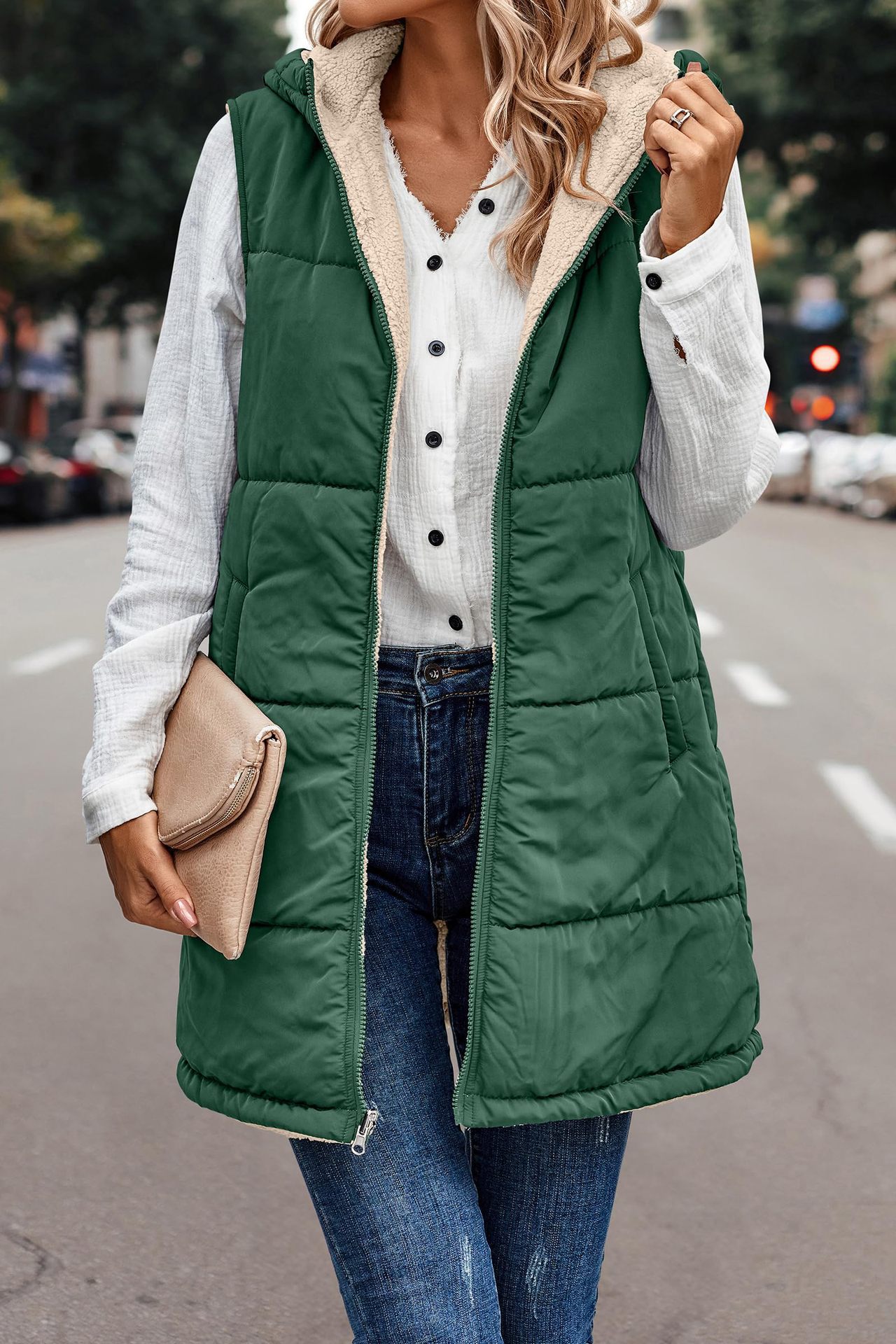In stock 2023 new European and American solid color hooded cotton-padded vest double-sided warm cardigan windproof coat_voghion.com