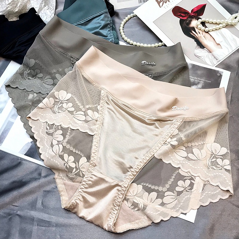 High-end Satin Light Luxury Lace Large Size High Waist Abdominal Panties Women's Hip Breathable Mesh Pure Cotton Crotch Briefs