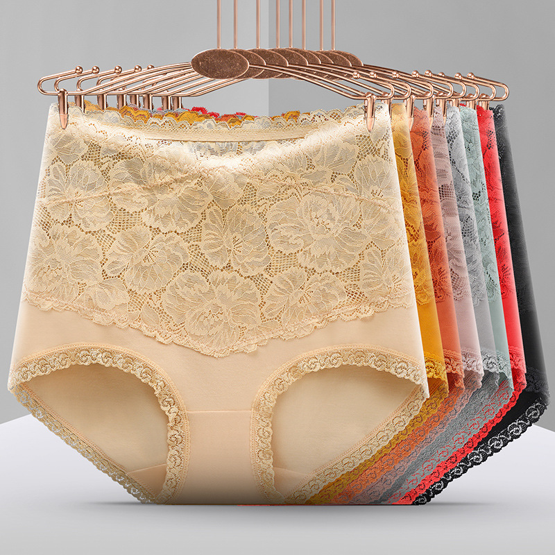 Pure Cotton High waist belly contracting underwear women's antibacterial body shaping hip lifting plus size seamless sexy lace women's briefs