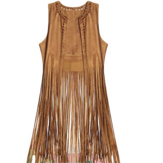 In Stock European and American style shawl suede tassel vest coat women's sleeveless mid-length vest outer wear