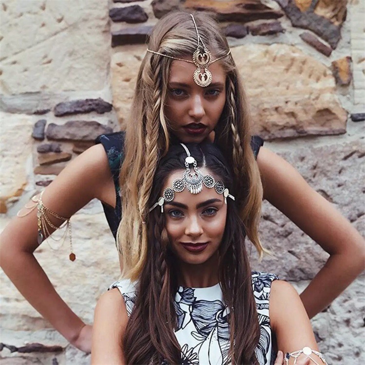 FD0005 European and American retro ethnic style personalized headdress metal carved pattern water drop tassel headband hair chain hair band