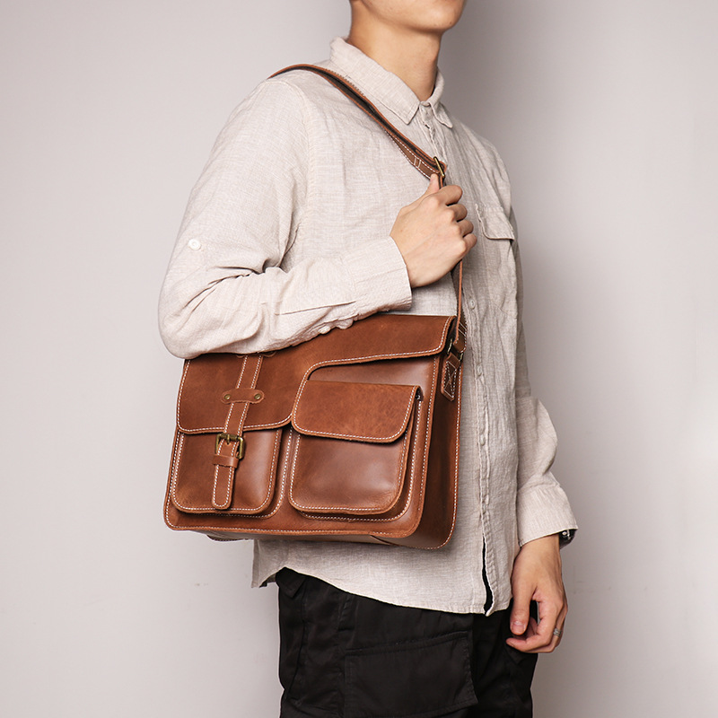Factory New Men's Genuine Leather Horizontal Shoulder Bag Crazy Horse Leather Women's Crossbody Bag Top Layer Cowhide Large Capacity Messenger Bag