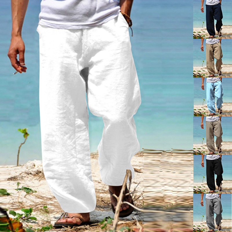 European and American Cotton and Linen Casual Pants 2023 Spring New Men's Loose Cotton and Linen Drawstring Hip-Hop Light Wide Leg Straight Pants Men's Wear