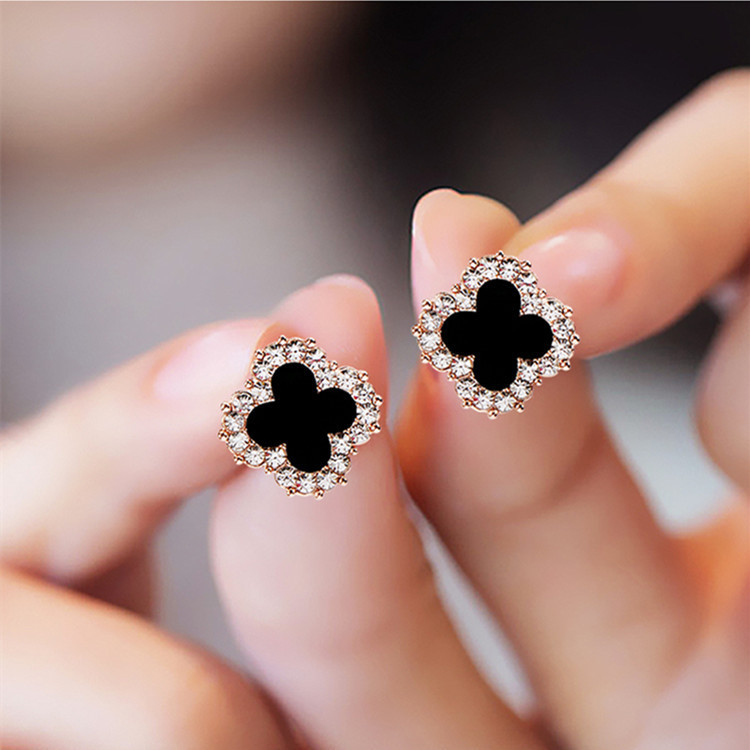S925 Silver Needle Four-leaf Clover Earrings Simple Temperament Micro-inlaid Zircon Internet Celebrity Earrings Classic Shiny Small Earrings for Women