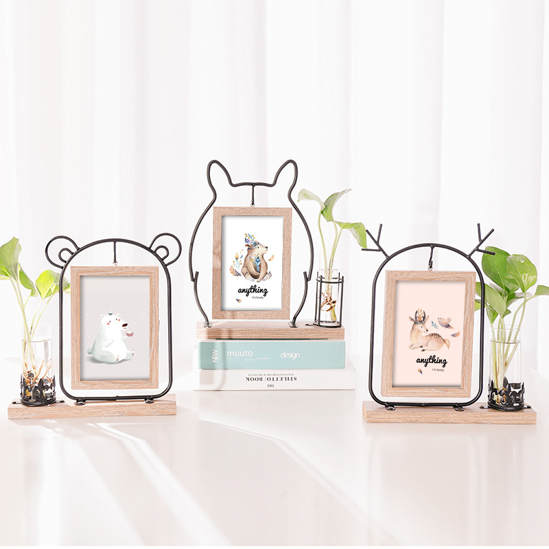 Factory wholesale creative Nordic 6 inch iron art photo frame table combination double-sided woodcut picture frame photo frame hydroponic ornaments