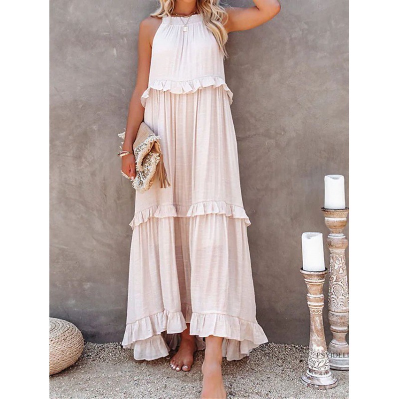 European and American 2023 Summer new holiday style ruffled long dress Amazon large swing elegant dress women