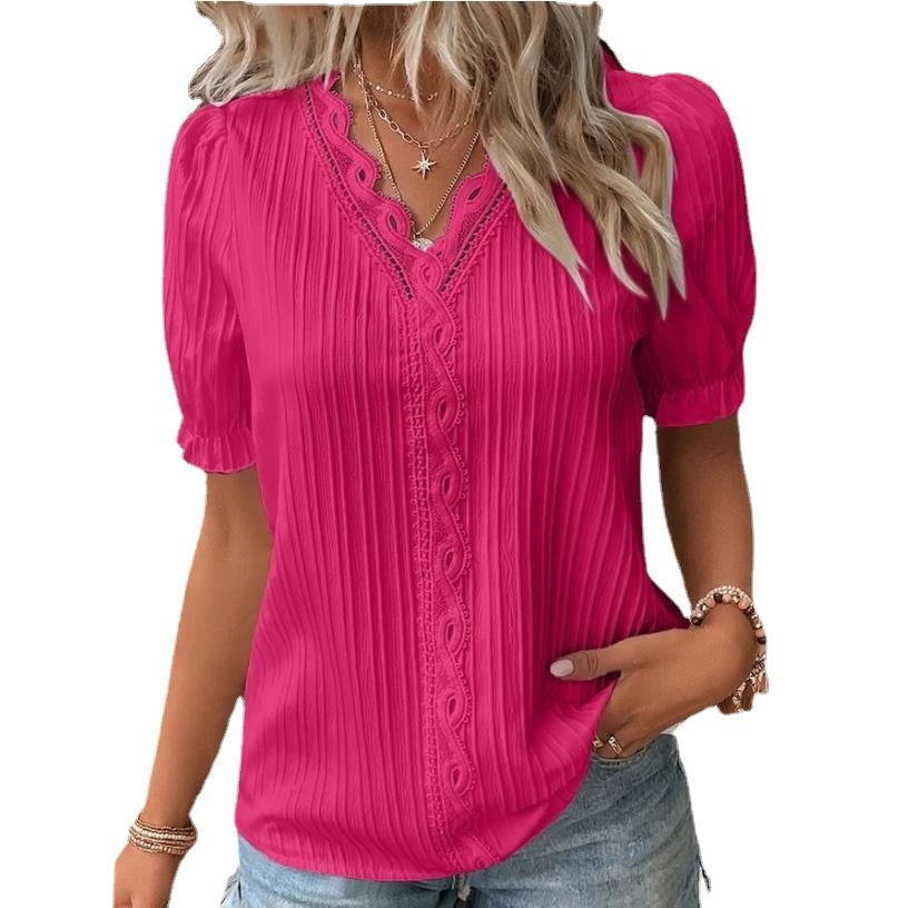Amazon Independent Station Cross-border Foreign Trade 2023 Summer New Holiday Fashion Hollow Short-sleeved European and American Women's Shirt