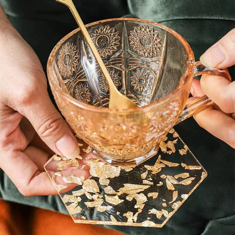 Ins Style Acrylic Heat Insulation Coaster Gold Foil Waterproof Tea Cup Mat Resin Table Mat Nordic Creative