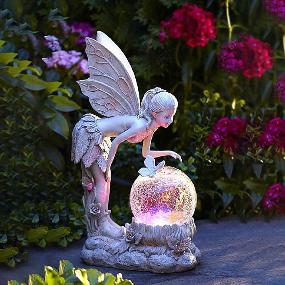 New Fairy Fairy Flower Fairy Ornaments Garden Crystal Ball Girl Statue Solar Light Decoration Resin Crafts