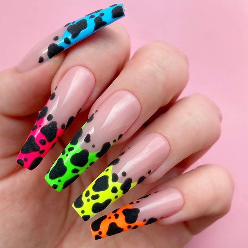 歐美奶牛紋法式塗鴉穿戴甲甲片成品批發美甲貼片批發Nails