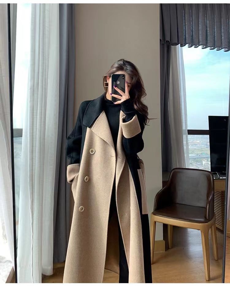 Uldfrakke Dame lang 2023 vinter Ny dobbeltsidet fleece uld farveblok Elegant Hepburn stil slankende frakke_voghion.com