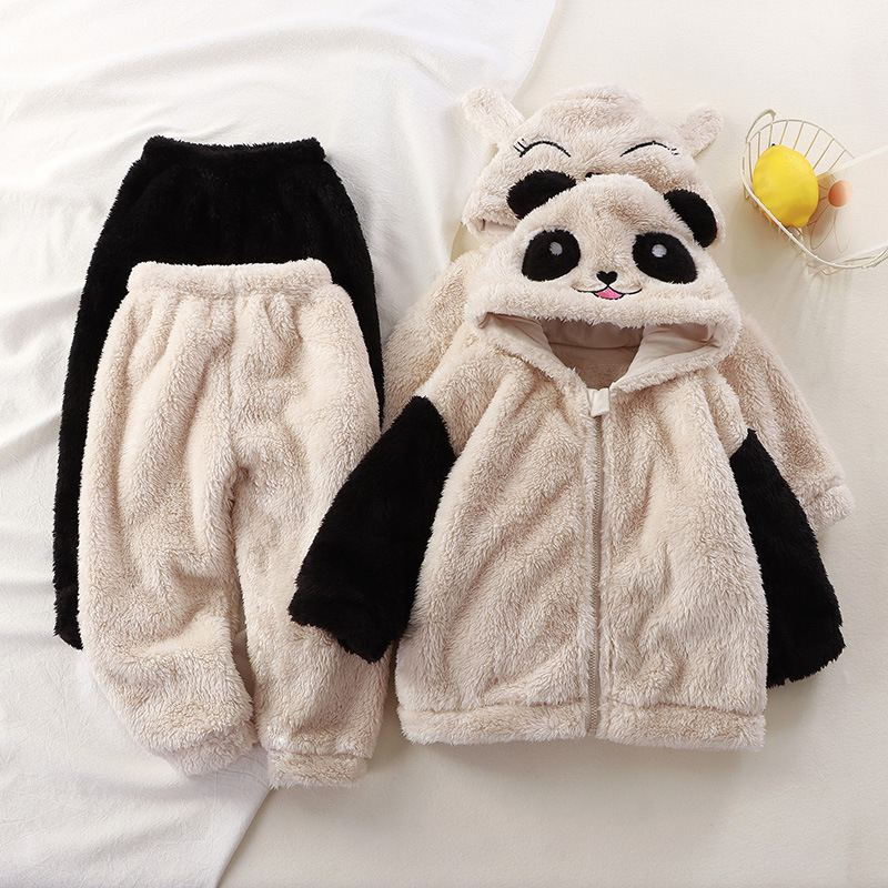 Children's autumn and winter New flannel hooded home wear suit boys and girls baby cute woolen sweater children's pajamas