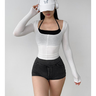 Hot girl style two-piece long-sleeved T-shirt suit women's top tight contrast color halter sling thin with chest pad 1294