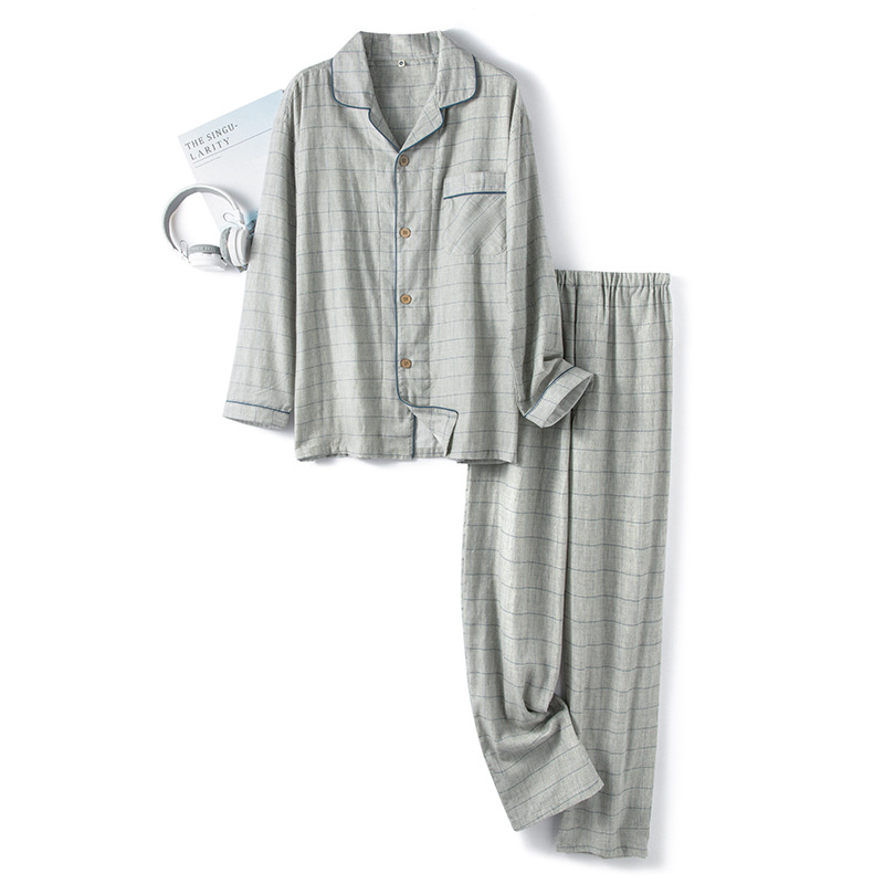 Pure Cotton non-printed large plaid double-layer yarn men's good long short-sleeved trousers pajamas home wear suit one-piece delivery