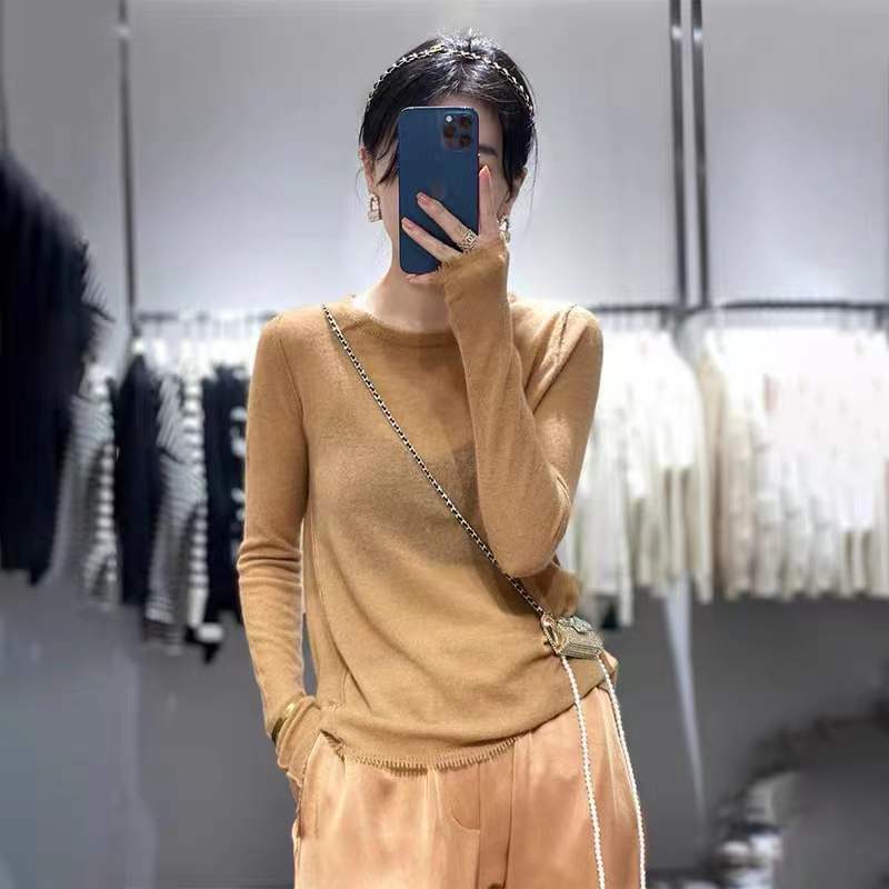 Worsted Merino Superfine Wool Texture Soft Waxy Crewneck Knitted Base Shirt Women's Middle Neck Inner Pullover Sweater for Winter