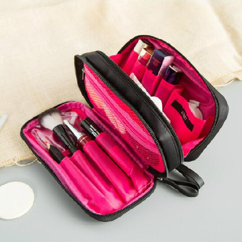 Temperament black nylon cloth double zipper cosmetic bag women's double-sided travel toiletry storage bag