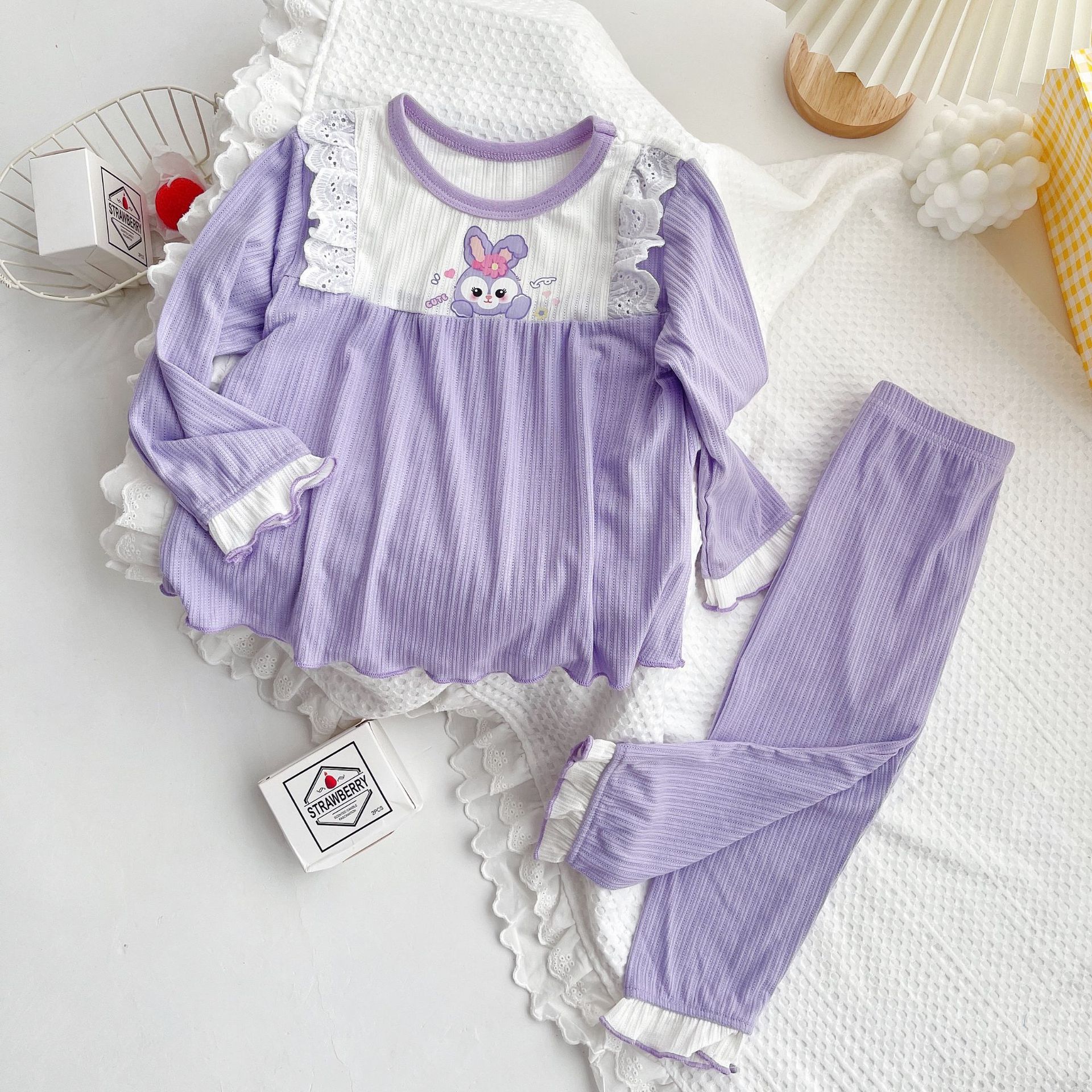 2022 Girls Spring Long Sleeve Pajamas Cute Home Clothes Four Seasons Air-conditioning Suit Soft Stretch Jacquard Class a Lace