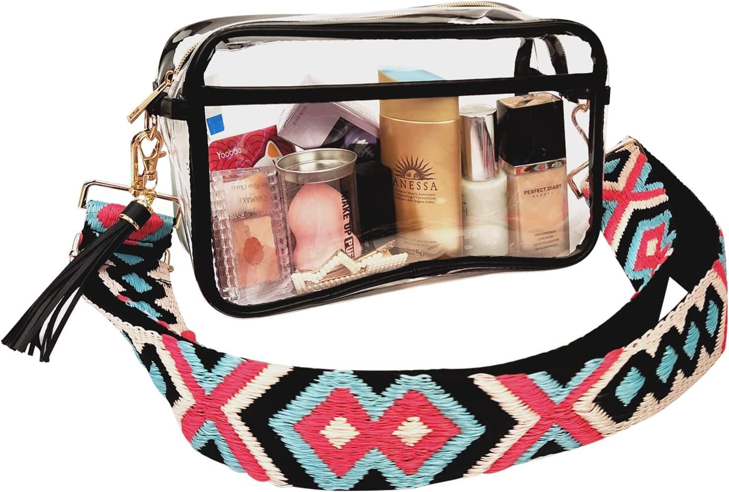 Amazon Transparent Waist Bag Stadium Certified Wide Shoulder Strap, PVC Chest Bag Transparent Crossbody Wallet Sling Backpack