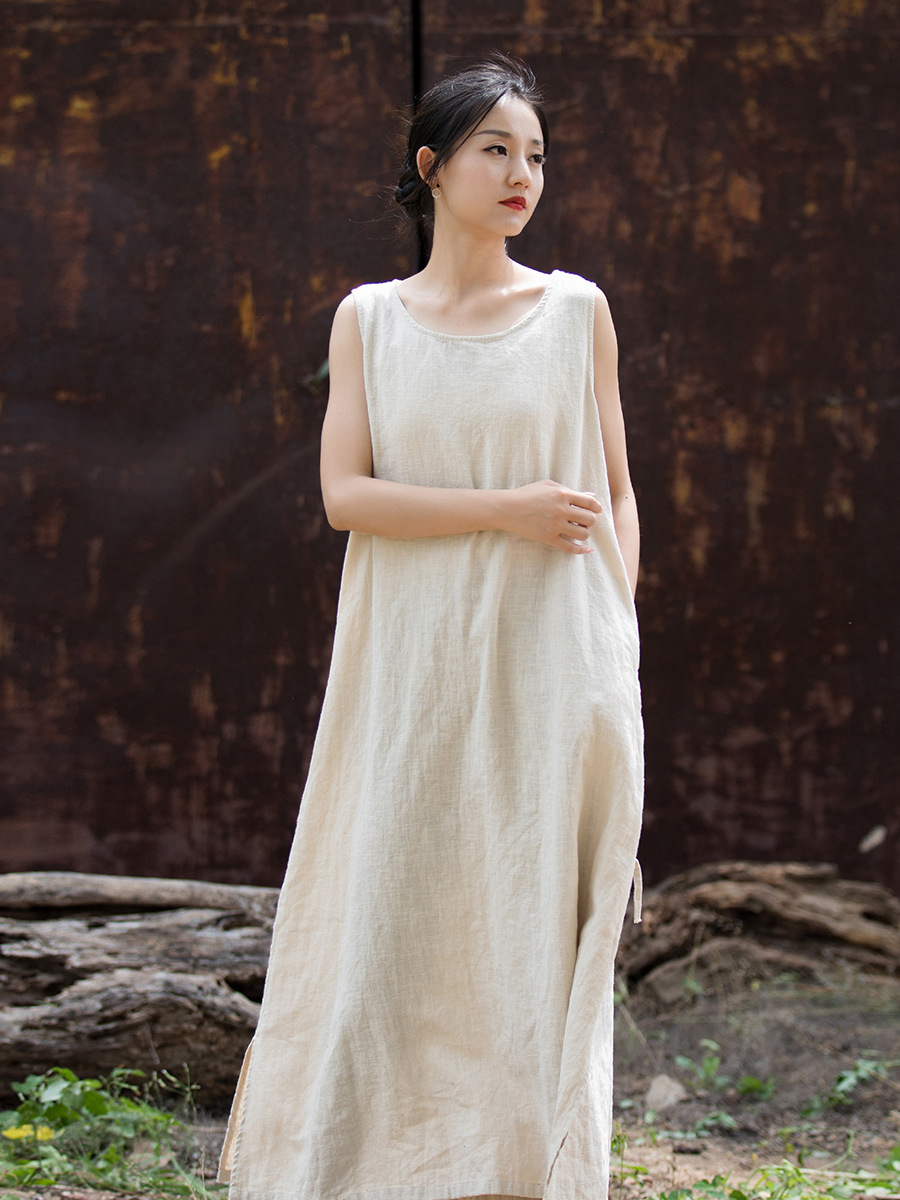 2024 Spring and Summer Cotton Linen Women's Clothing New Ramie Sleeveless Lace-up Dress Home Travel Long Dress Literary Style Dress