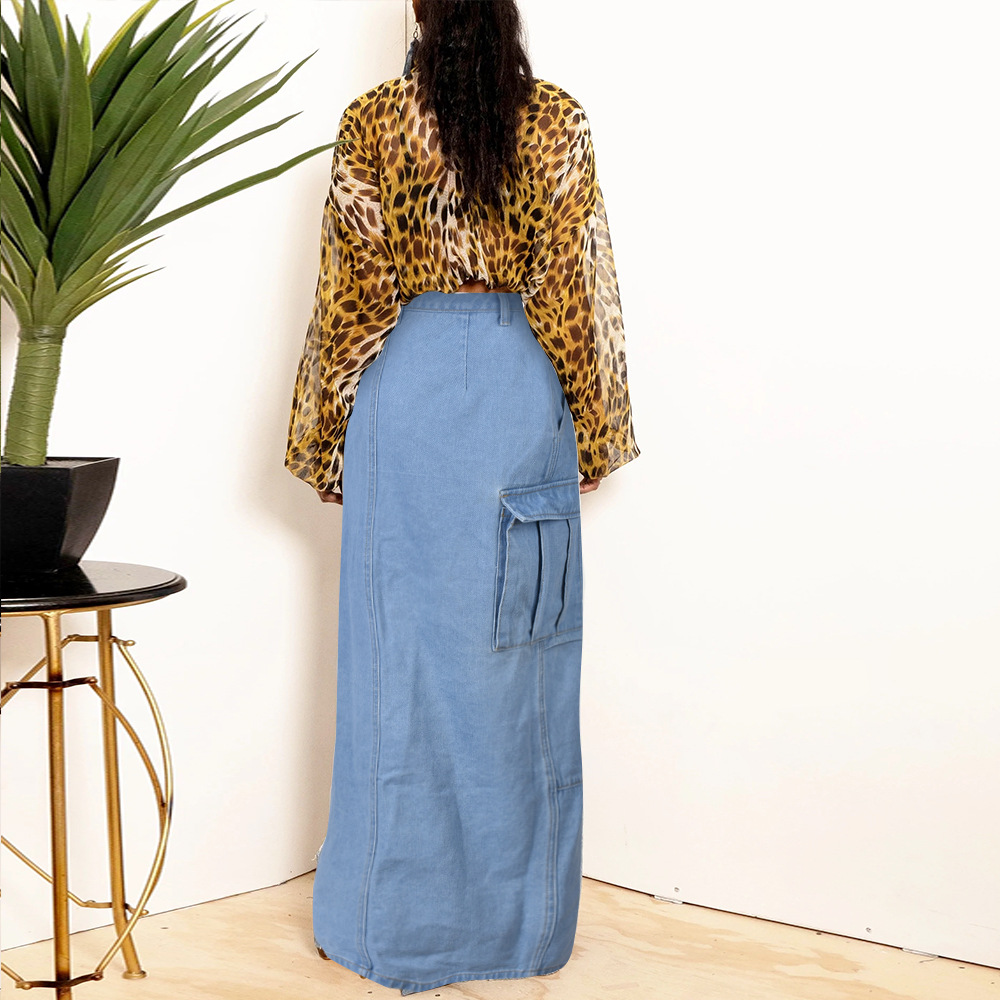 9150DD Nazada Foreign Trade Women's Clothing New Fashion Personalized Denim Washing Water Pocket Slit Tassel Skirt Women
