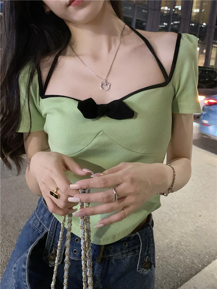 Pure Desire Bow U Neck Sexy Collarbone T-shirt Women's Summer Spice Girls Short-sleeved Top Short Low-cut Tight Base Shirt