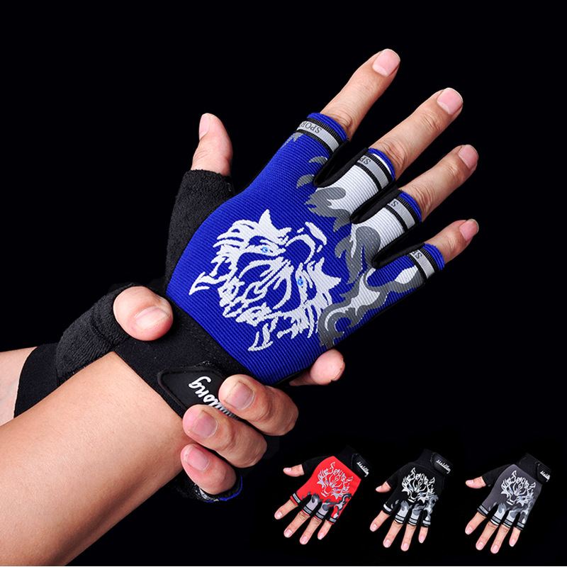 Half Finger Gloves Men's and Women's Autumn and Winter Sports Riding Breathable Fleece-Lined Children's Finger Half Warm Non-Slip Wolf Head Gloves