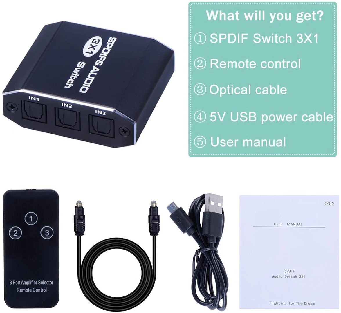 Optical fiber Audio Switcher three in one out SPDIF5.1 channel Dolby DTS audio format lossless switcher