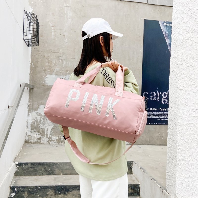 pink健身包新款歐美長短途戶外旅行包手提大容量尼龍防水鞋倉包包