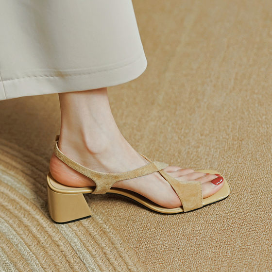 Summer 2022 New Chunky Heel Cross Strap Set Toe Sandals Women's Summer Belt Buckle Mid-heel Retro Elegant Women's Shoes