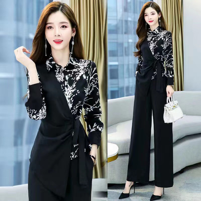 European Station 2023 Spring and Autumn New Fashion Age-reducing Western Style Elegant Two-piece Hong Kong-style Wide-leg Pants Set for Women