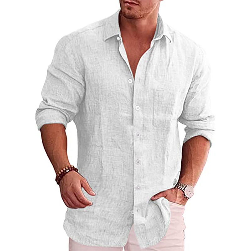 2023 Amazon ebay Foreign Trade Men's Loose Large Size Solid Color Shirt Linen Lapel Long Sleeve Casual Shirt for Men