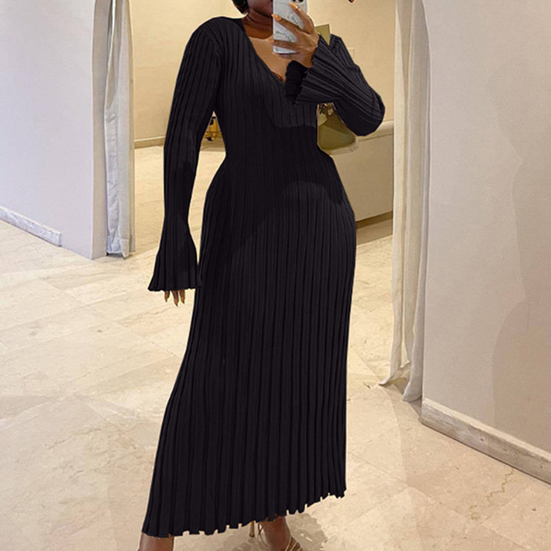 2024 Cross-border Autumn and Winter New Knitted dress Casual Waist V-Neck Big Pit Slim Knitted Dress Women