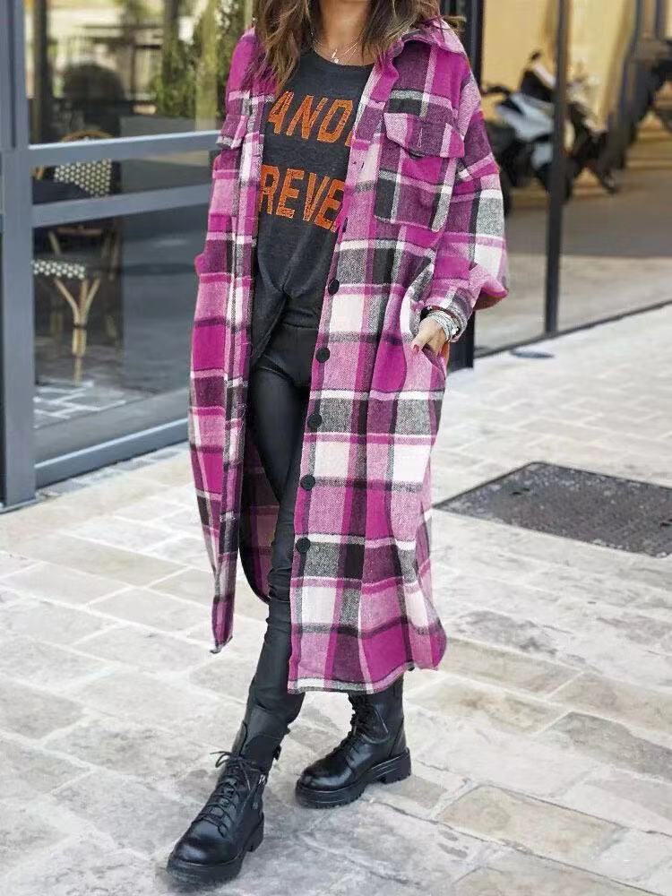 2021 Europe and America Cross-border Autumn and Winter New Women's Large Size Long Split Woolen Plaid Coat Coat_voghion.com