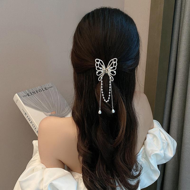 Korean style new Pearl butterfly tassel clip female light luxury back Head Small size hairpin elegant temperament shark clip net_voghion.com