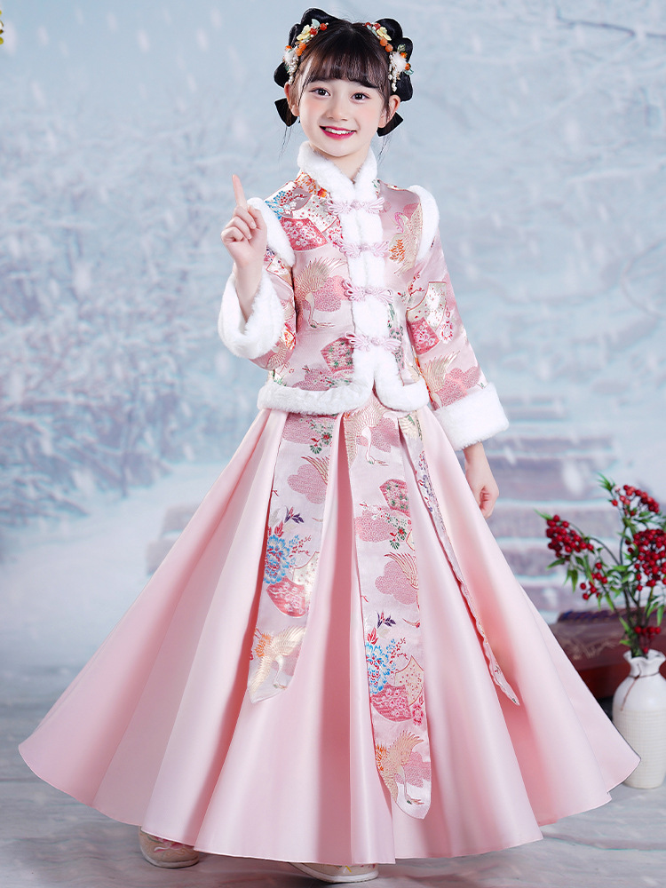 Children's New Year greeting clothes winter Hanfu girls' autumn and winter ancient style super fairy ancient costume classical princess dress fleece-lined thickened winter dress