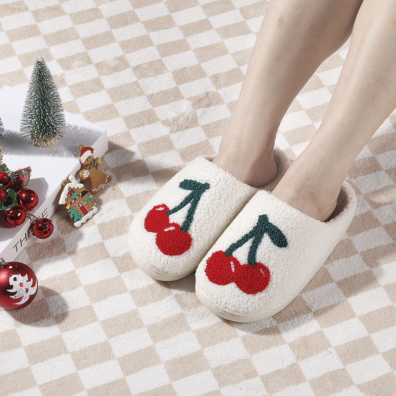 New home big cherry warm winter cotton slippers couple men and women thick bottom soft sole shoes thickened non-slip cute card